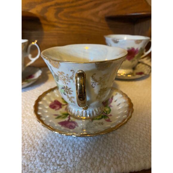 3 Manna Rose/Gold Lusterware Pedestal Cups with Reticulated Saucers - Picture 6 of 10